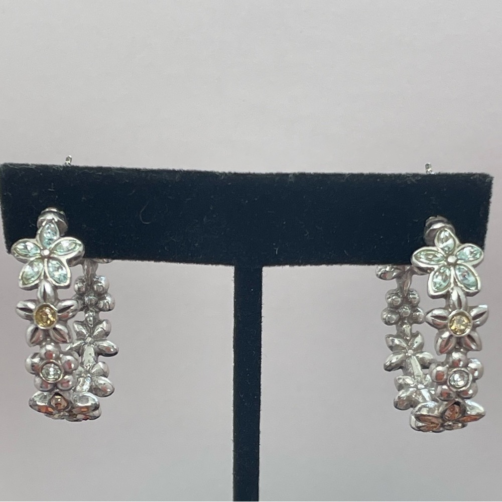 Vintage floral silver tone and amber rhinestone hoop earrings